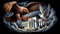 llustration of a hawk and dove in a fierce battle with the Federal Reserve building in the background, symbolizing the interest rate tug-of-war between hawkish and dovish stances of central banks. The image captures the dynamic struggle over economic policies, relevant to discussions on when central banks should adopt hawkish measures to counteract overheating economies with rising inflation and asset price bubbles.