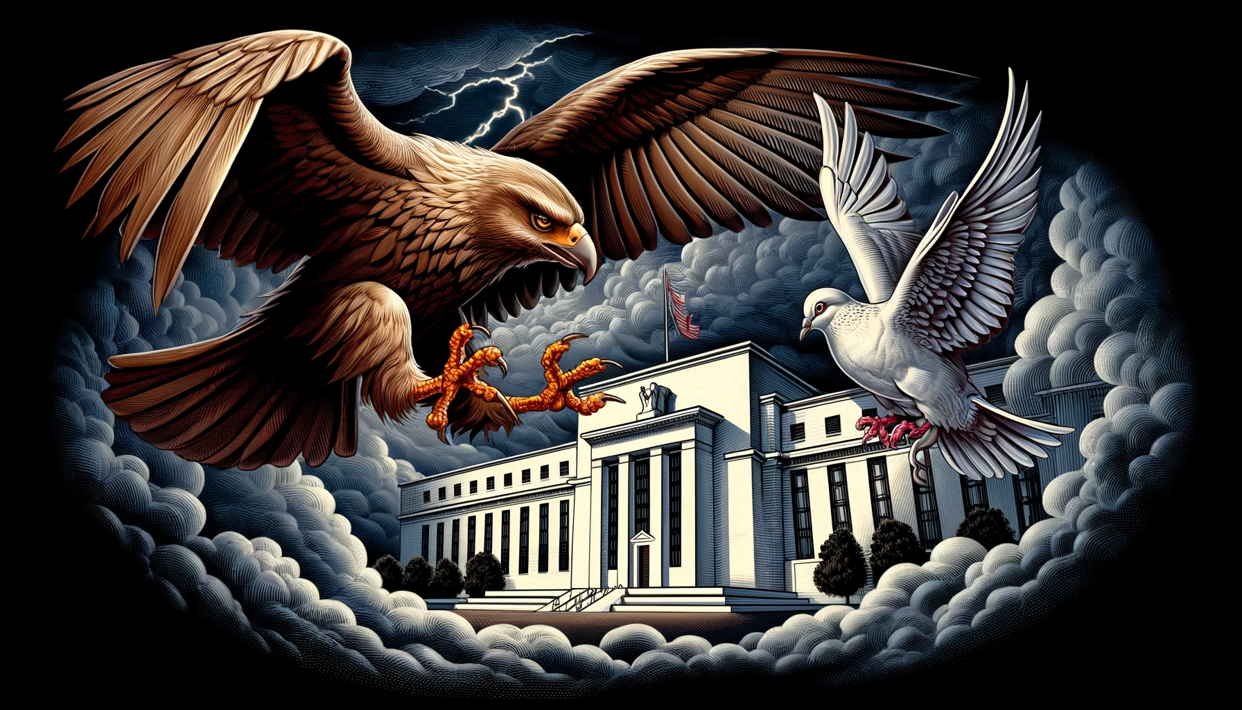 llustration of a hawk and dove in a fierce battle with the Federal Reserve building in the background, symbolizing the interest rate tug-of-war between hawkish and dovish stances of central banks. The image captures the dynamic struggle over economic policies, relevant to discussions on when central banks should adopt hawkish measures to counteract overheating economies with rising inflation and asset price bubbles.