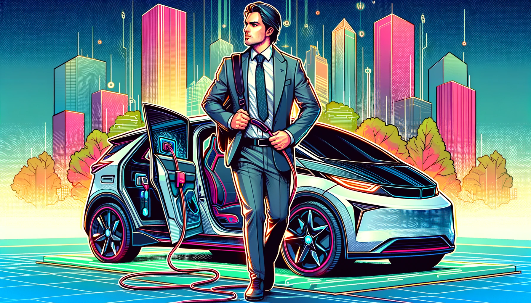 Businessman getting into a sleek electric vehicle in a cityscape, highlighting the EV boom. Featured in VT Markets article on Share CFD options compared to Tesla